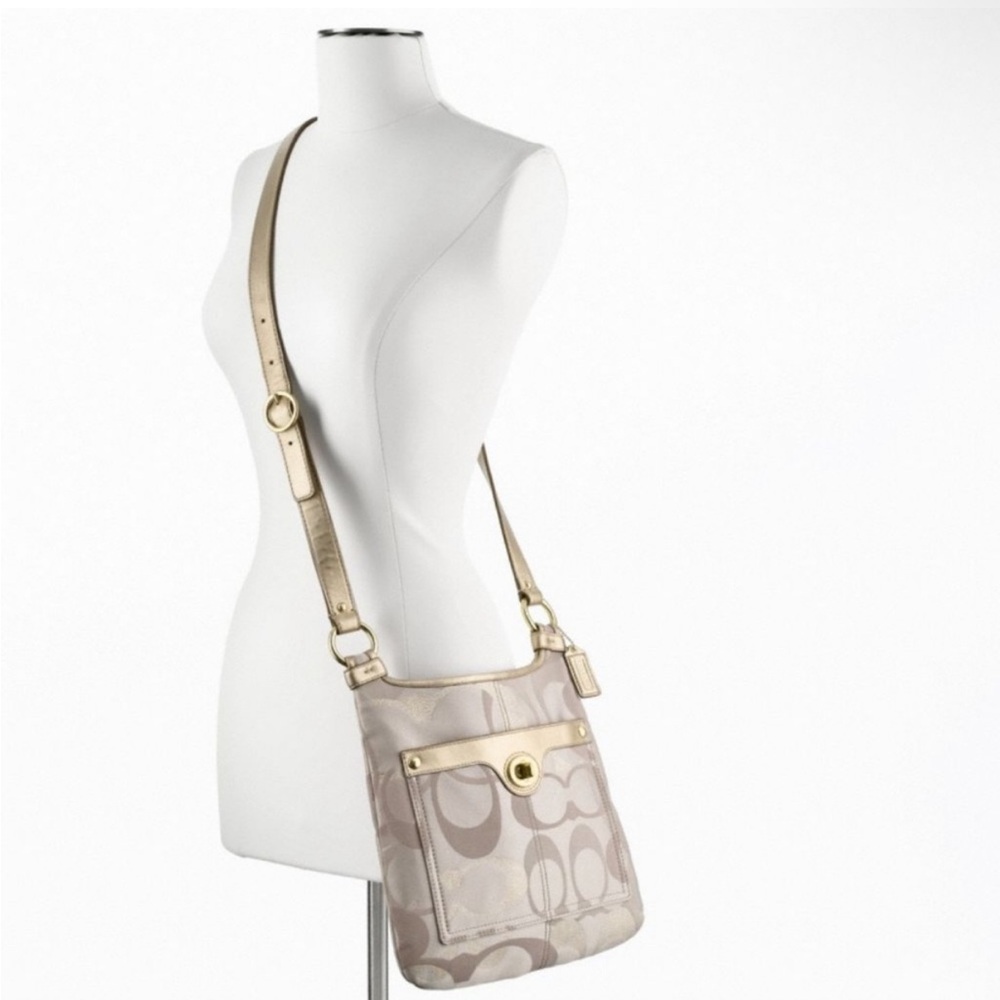 Y2K Coach Gold Metallic Signature Print Slim Crossbody Bag Penelope Optic F18478